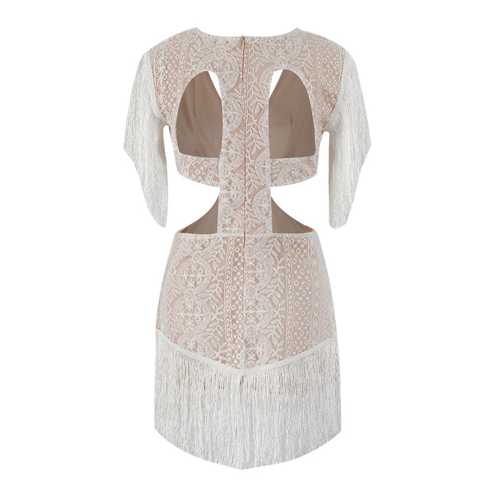 Dame Cut-Out Minikjole med fransedetaljer og elegant blonderdesign Stilla