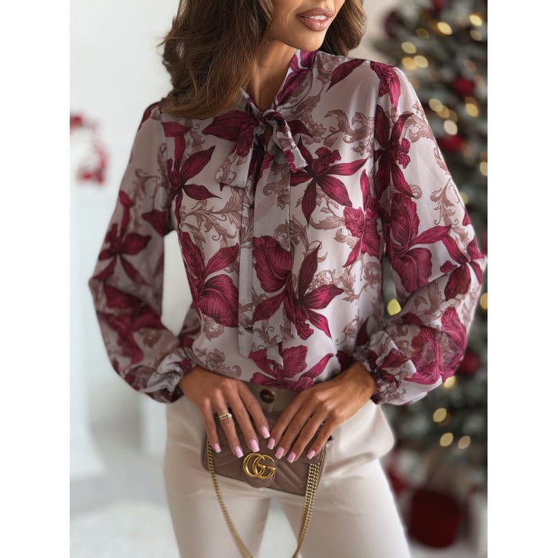 Dame elegant Bluse med floralt tryk og sløjfelinnedetaljer Stilla