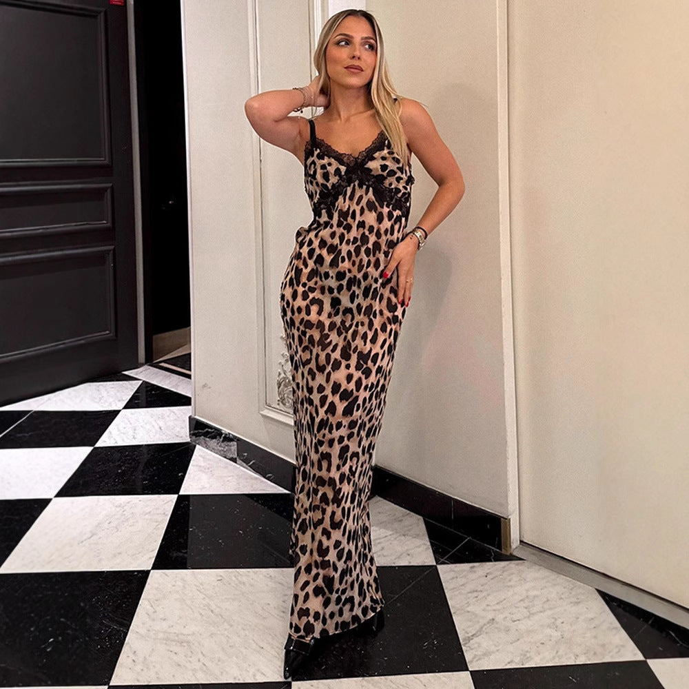 Dame Elegante Maxikjole med blonde og raffineret leopardmønster Stilla