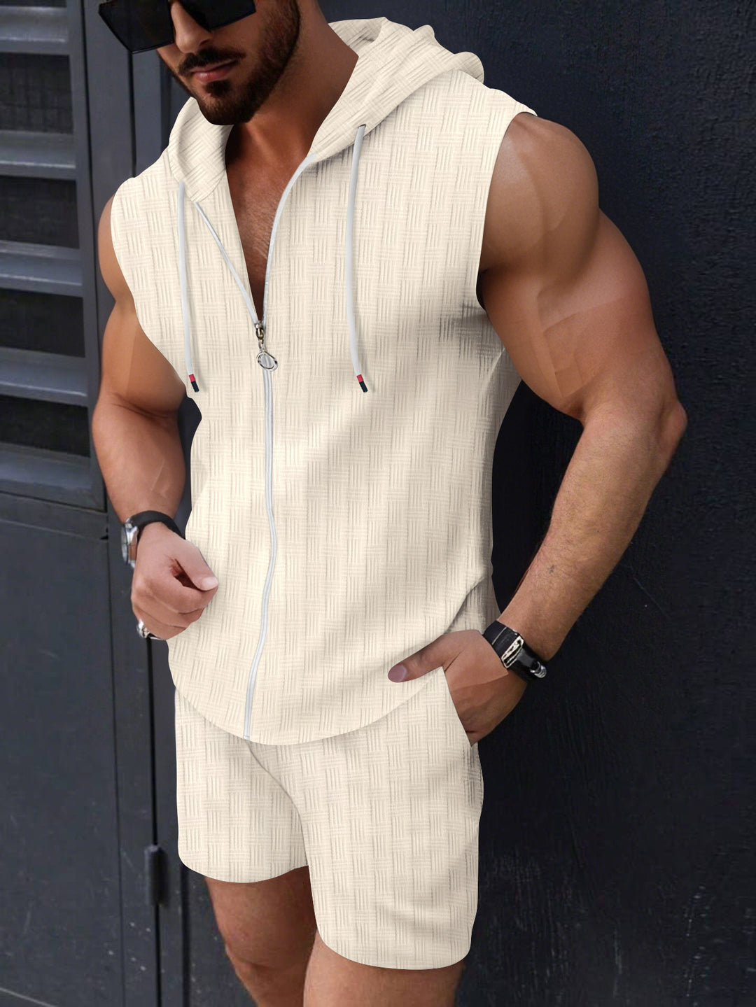 Herrer Ærmeløs Zip-Up Hoodie og Shorts Sæt Stilla