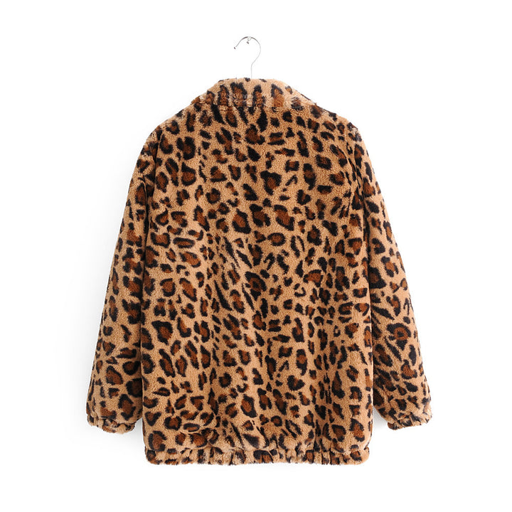 Kvinders fluffy leopardprintjakke med lynlås Stilla