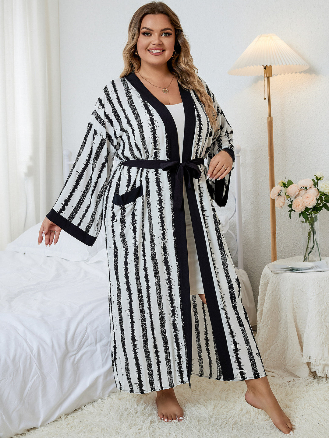 Dame elegant Morgenkåbe med fashionable stribemønster og afslappet snit Stilla