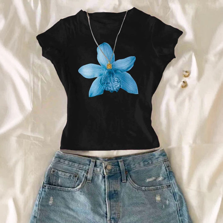 Dame Crop-T-Shirt med floraltryk og afslappet snit Skovae