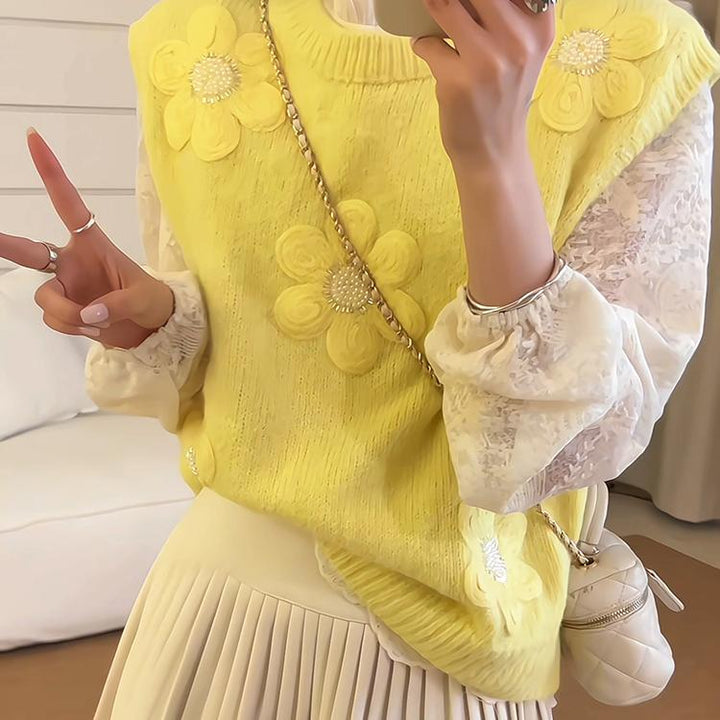Kvinders strikket pullover med blomsterapplikationer og struktureret overflade Stilla