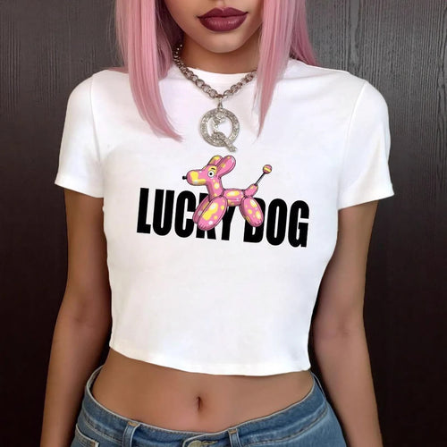 Dame Crop-Top T-Shirt med sjov ballonhund-design Skovae