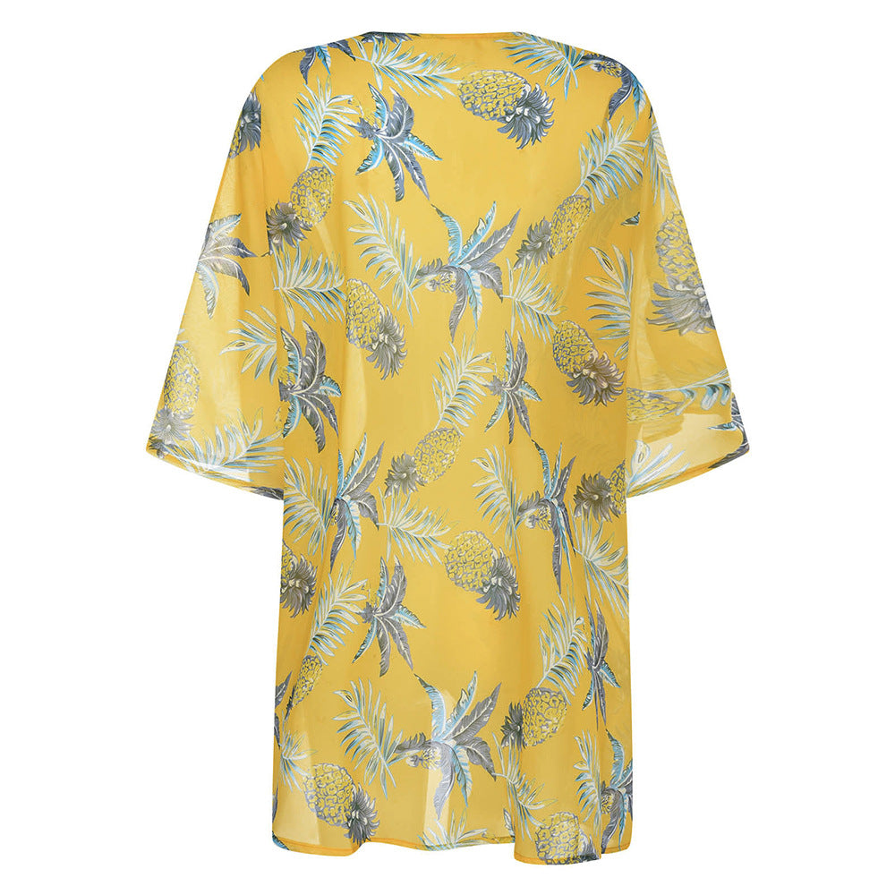 Dame Strandkimono med stilfuldt ananasprint og åbne ærmer Stilla