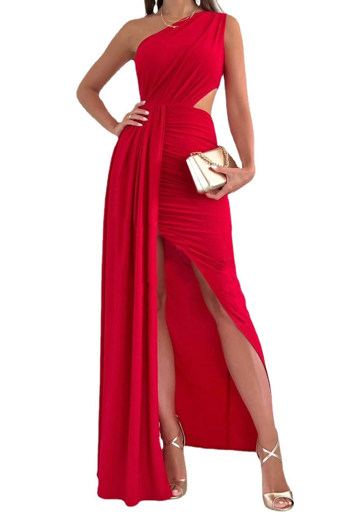 Dame Elegant One-Shoulder Maxikjole med draperet overdel og sidelæg Stilla