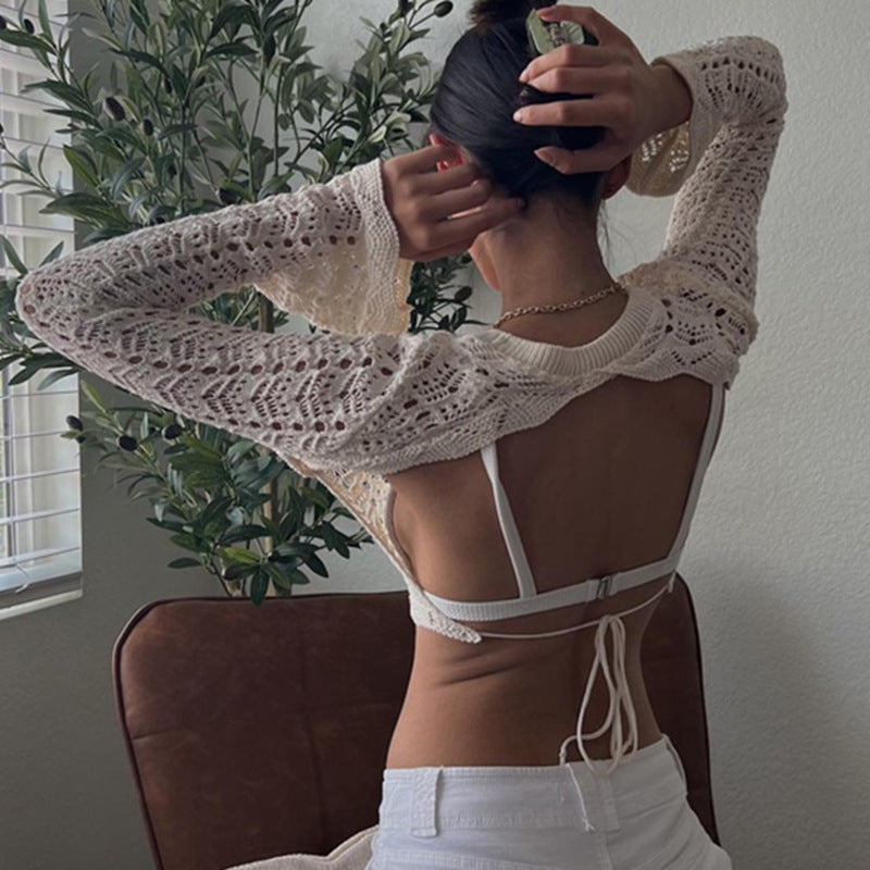 Damer hæklede Crop-Top med vide ærmer og løs pasform Skovae