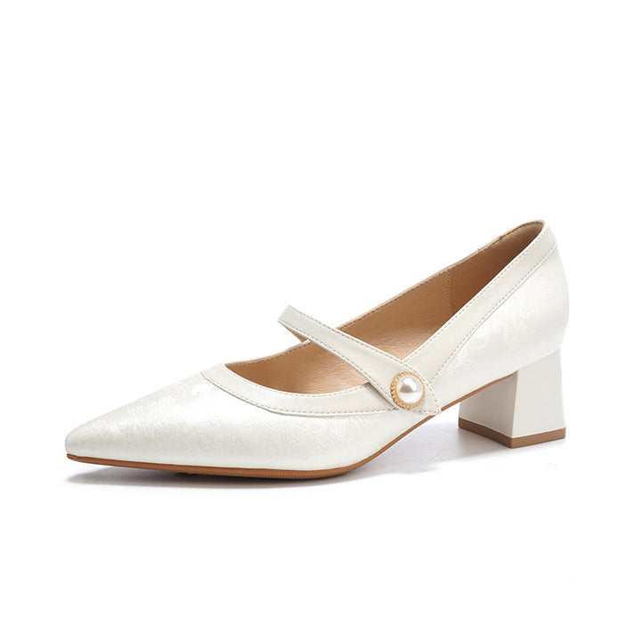 Damechic Pumps med spids tå og blokhæl med perledetalje Stilla