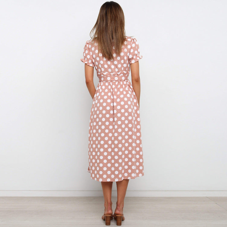 Dame Polka Dot A-formet Midi Kjole med Bindebælte Stilla