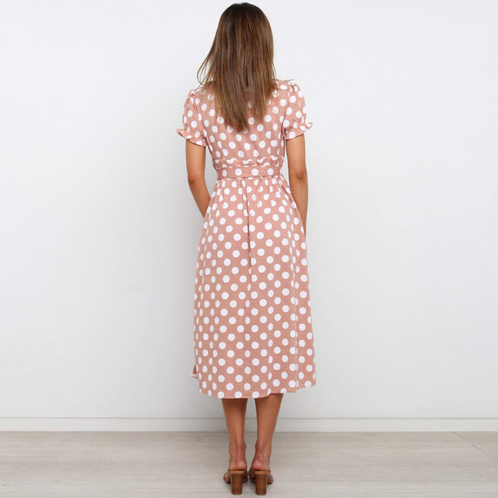 Dame Polka Dot A-formet Midi Kjole med Bindebælte Stilla