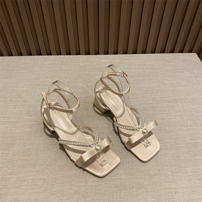 Femme Elegante Open-Toe Blokhæl Sandaler med Perle Detaljer Stilla