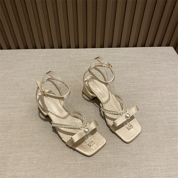 Femme Elegante Open-Toe Blokhæl Sandaler med Perle Detaljer Stilla