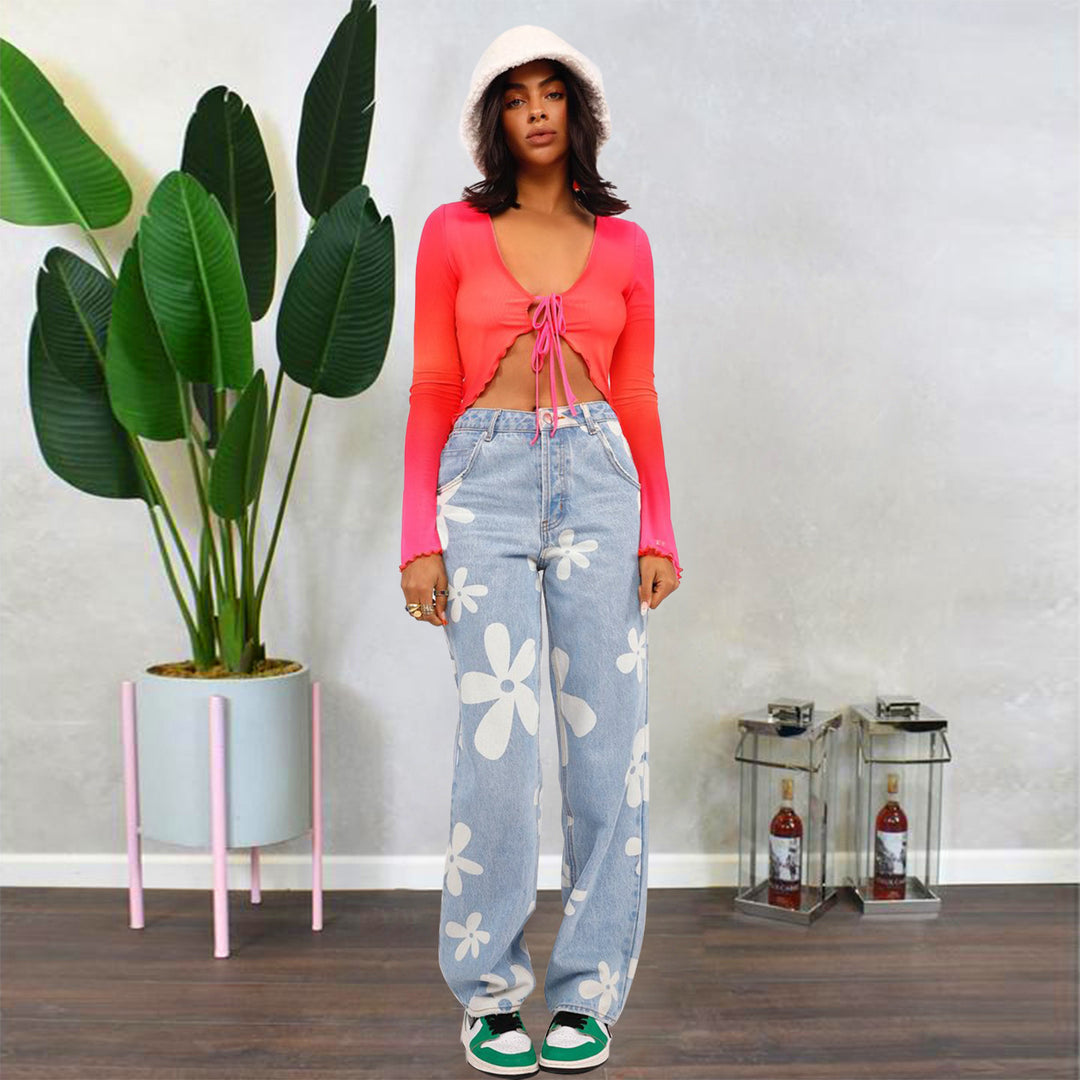 Dame brede jeans i retro-inspireret blomstermønster med høj talje Stilla