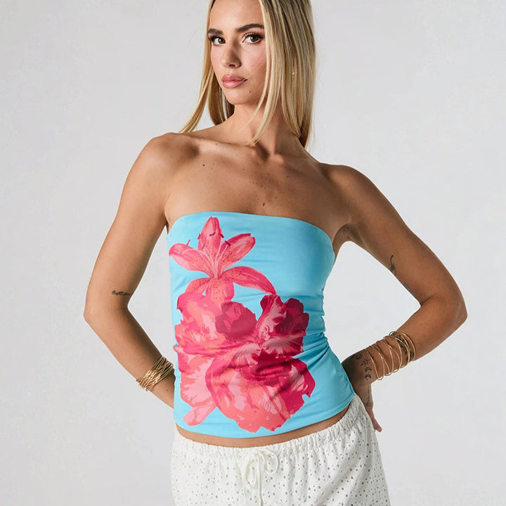 Dame Bandeau-top med blomstret design og elastisk stof Skovae