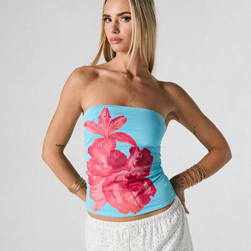 Dame Bandeau-top med blomstret design og elastisk stof Skovae