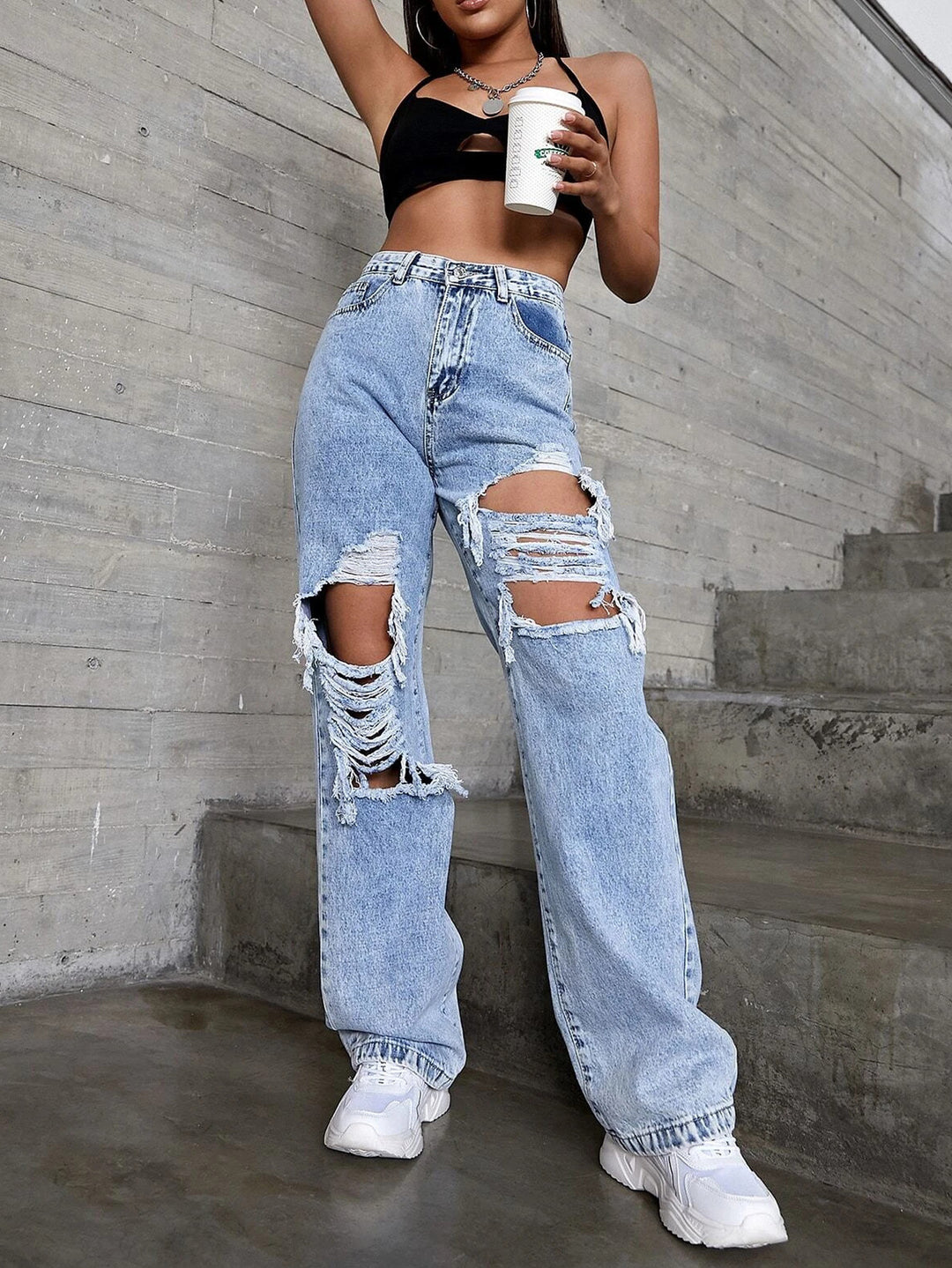 Dame brede jeans med moderne destroyed-detaljer og høj talje Stilla