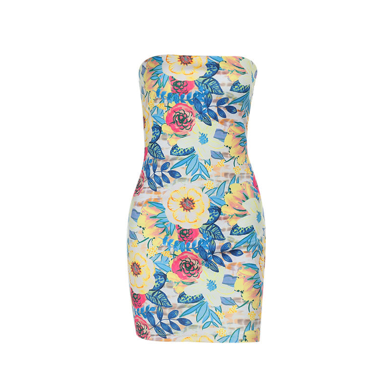 Dame Floral Print Strapless Bodycon Mini Kjole Stilla