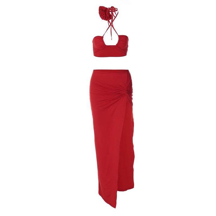 Dame Elegante Crop-Top og Maxiskørt Sæt med raffinerede skåret detaljer og blomsterdesign Stilla
