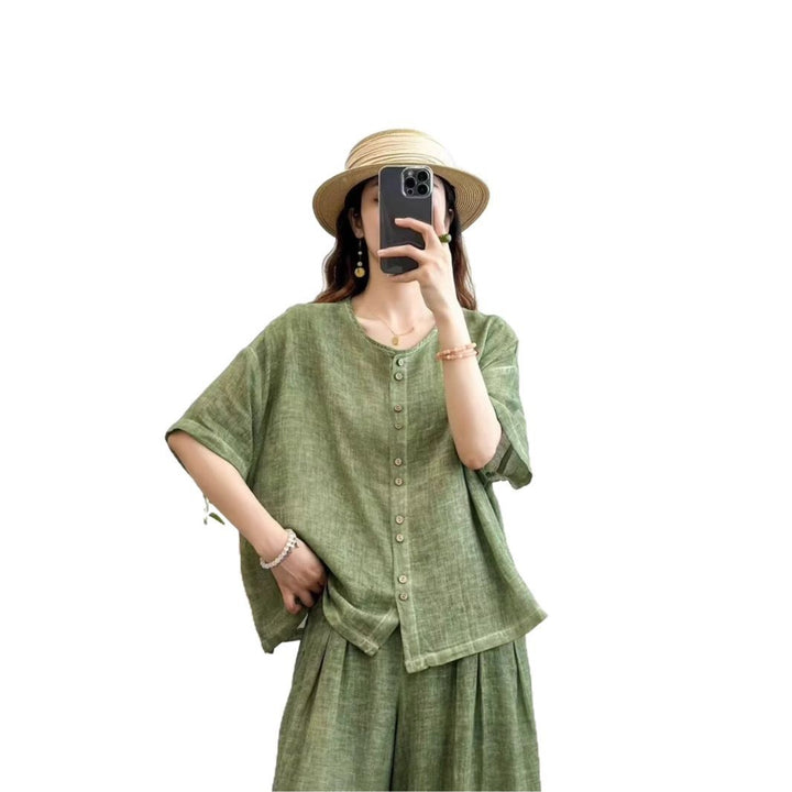 Femme Kortærmet-Linned-Knap-Op-Bluse Stilla