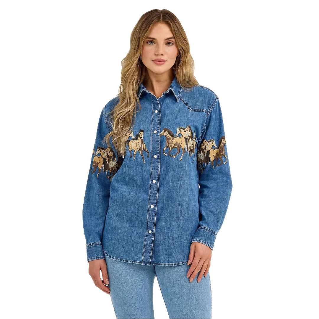 Dame denim skjorte med kreativt design af hest og høj kvalitets bomuldsblanding Skovae