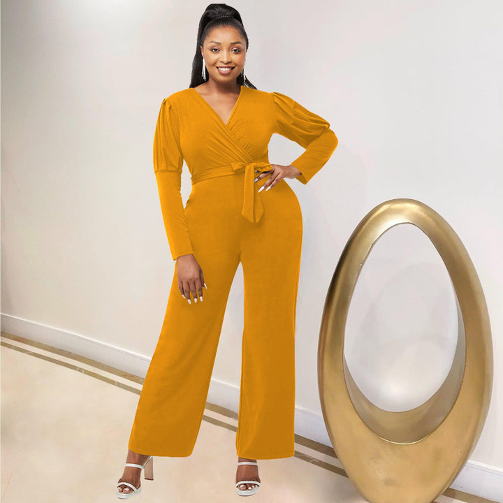 Stilla | Elegant Langærmet V-hals Bælte Jumpsuit