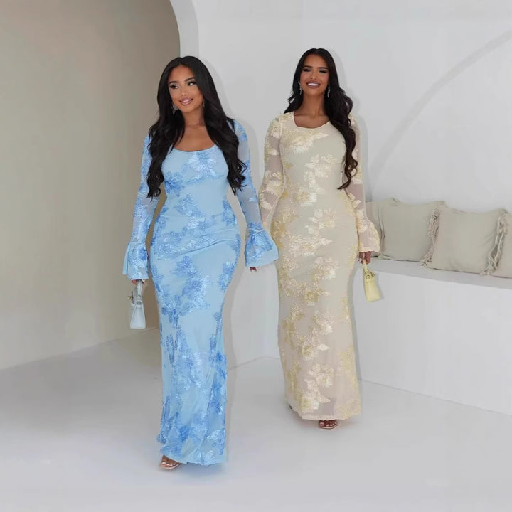 Dame Elegant, transparent maxikjole med blomsterapplikationer Stilla