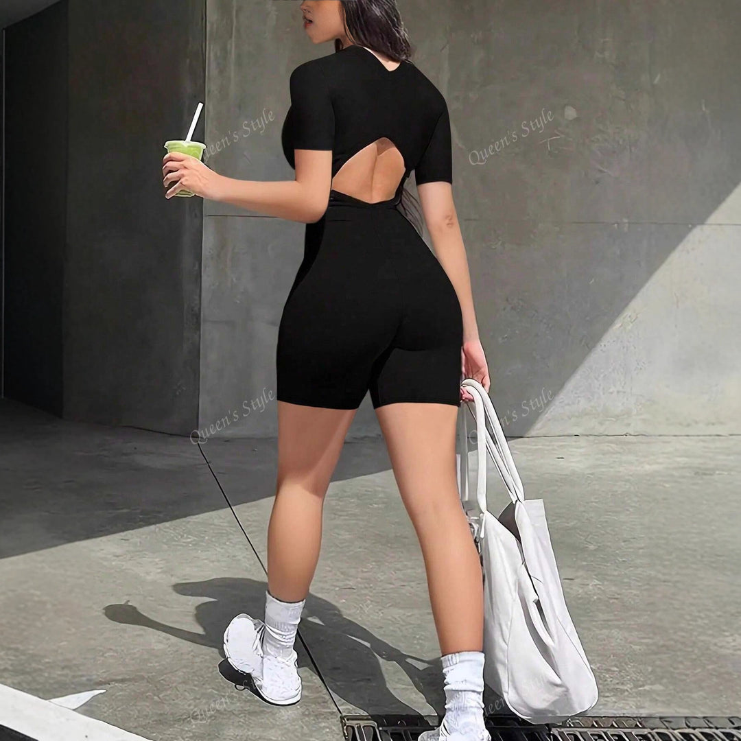 Dame Bodycon jumpsuit med kort arm og lynlås Skovae