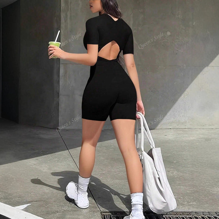 Dame Bodycon jumpsuit med kort arm og lynlås Skovae