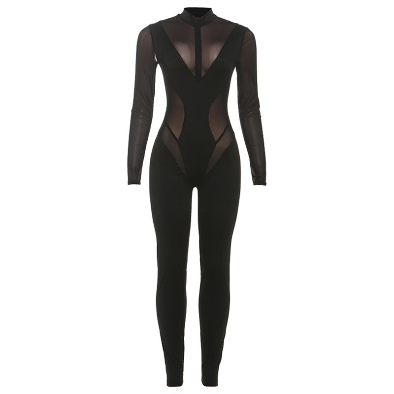 Dame Elegant Catsuit med gennemsigtige indsatser og høj krave Skovae