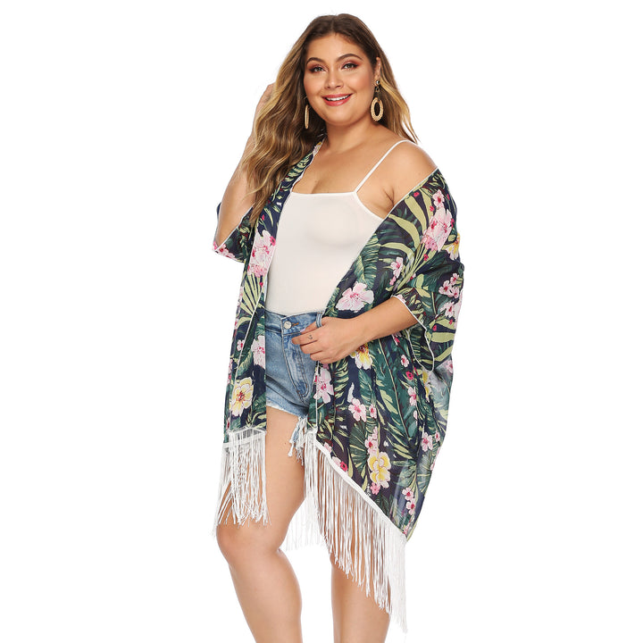 Dame-kimono med blomstertryk og frynser Stilla