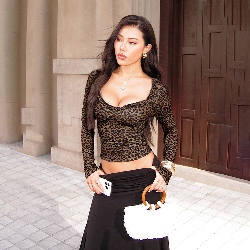 Dame elegant leopardmønster langærmet top Skovae