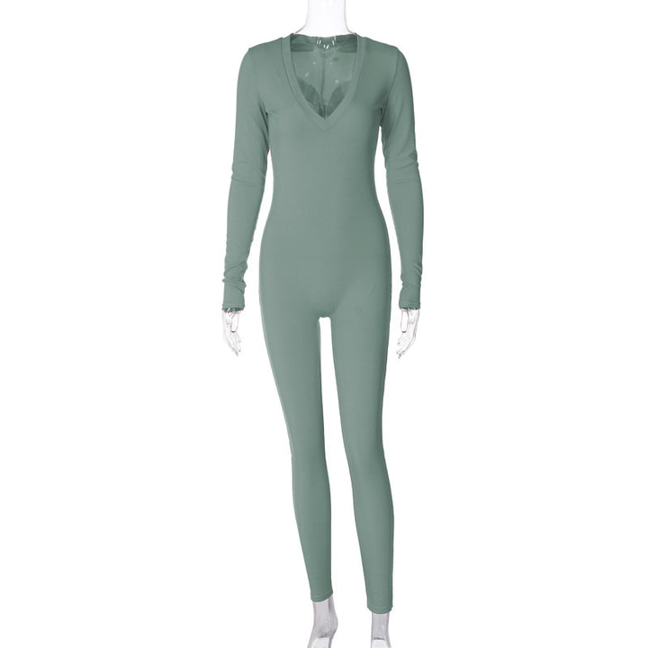 Dame Mode Langærmet Jumpsuit med dyb V-udskæring og tætsiddende snit Stilla