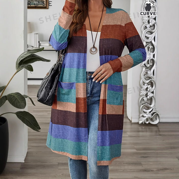 Dame Lækkert Lang cardigan med farvede blokstriber Stilla