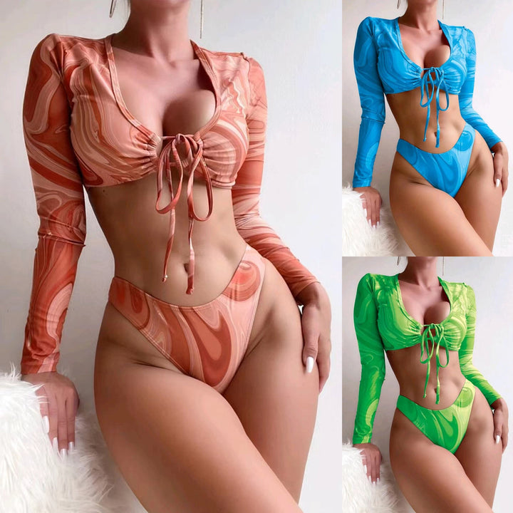 Dame Cropped Bikini-top med lange ærmer og trendy bindebånd Stilla