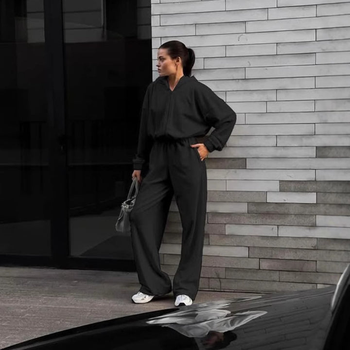 Kvinders hyggelige fleece jumpsuit med hætte og praktiske lommer Skovae