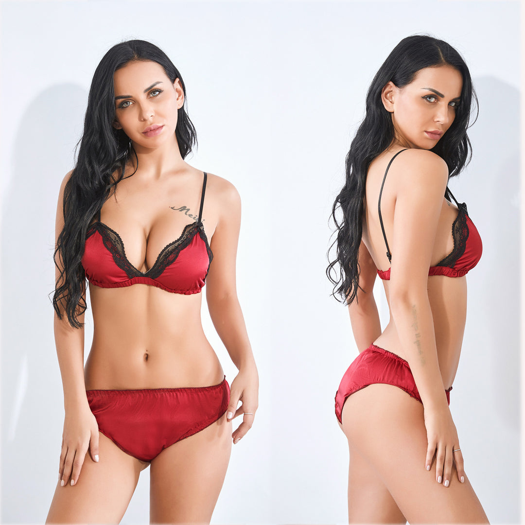 Dame Spidsbesat Satin-Bralette- og Trusse-Sæt Stilla