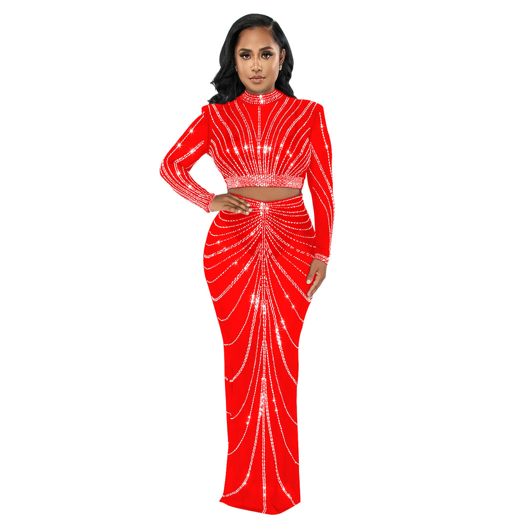 Dame Elegant Crop-Top og Maxi-Nederdel Sæt med glitrende Strass-dekorationer Stilla