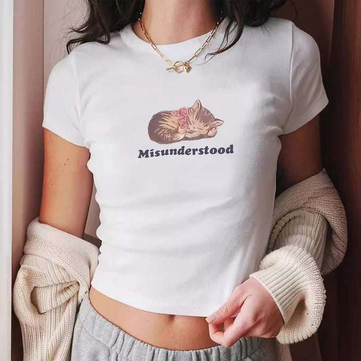 Dame kortærmet T-shirt med trykt læbemotiv Skovae
