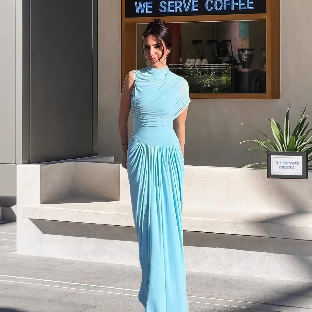 Dame elegante maxi kjoler med asymmetrisk top og blødt drapering