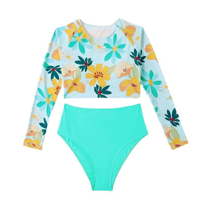 Frau Langarm Floral Print Crop Top Badedragtsæt Stilla