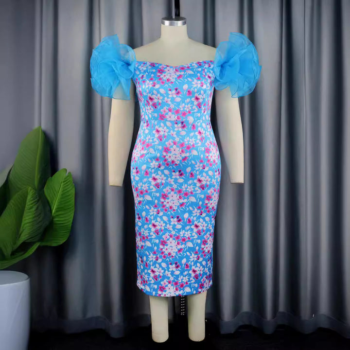 Dame Elegant kjole med blomsterapplikationer og transparente puffærmer Skovae