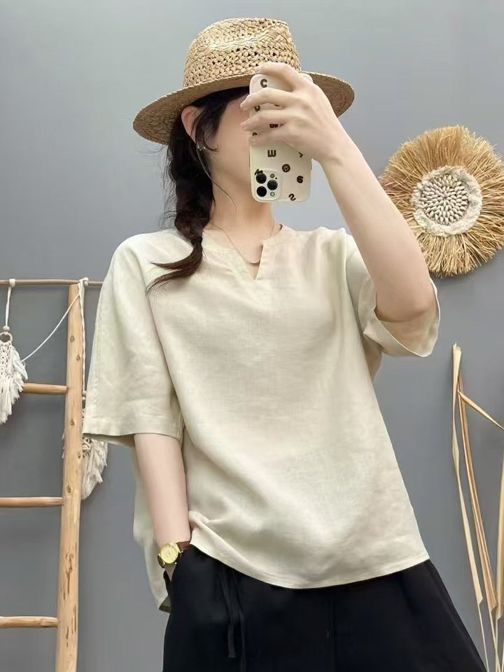 Femme Let V-Udskæring Linned Top Stilla
