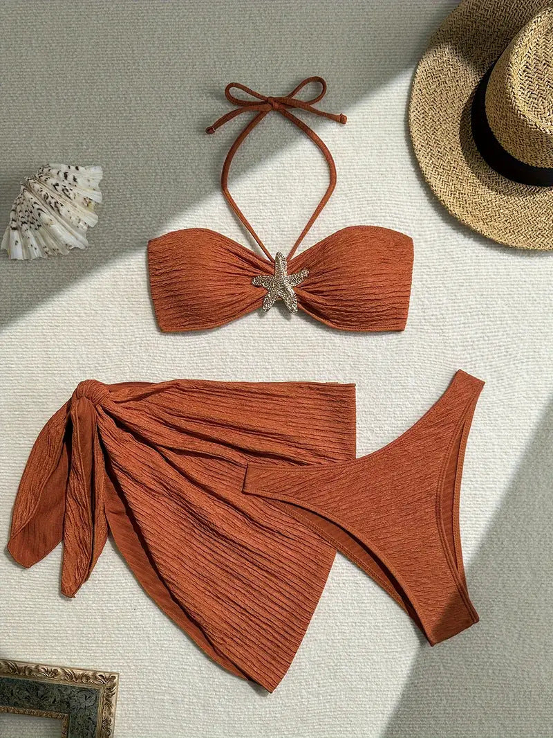 Dame Bandeau-Bikini-sæt med glitrende stjerner-detail og wrap-sarong Stilla
