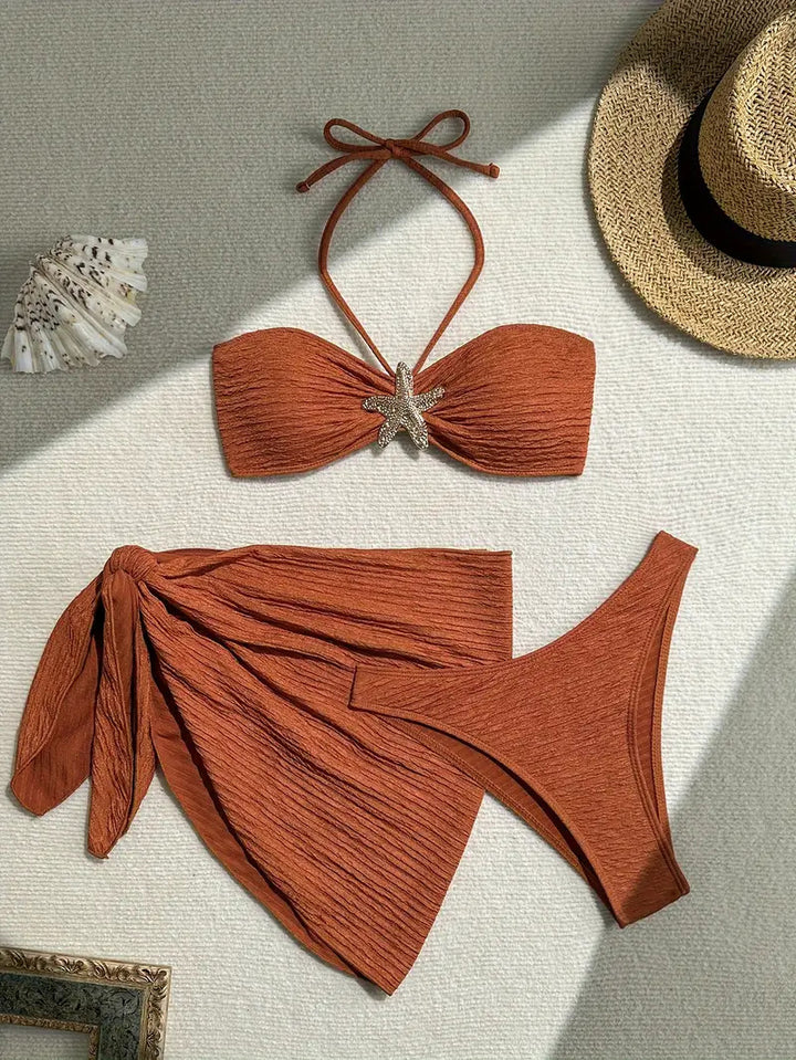 Dame Bandeau-Bikini-sæt med glitrende stjerner-detail og wrap-sarong Stilla