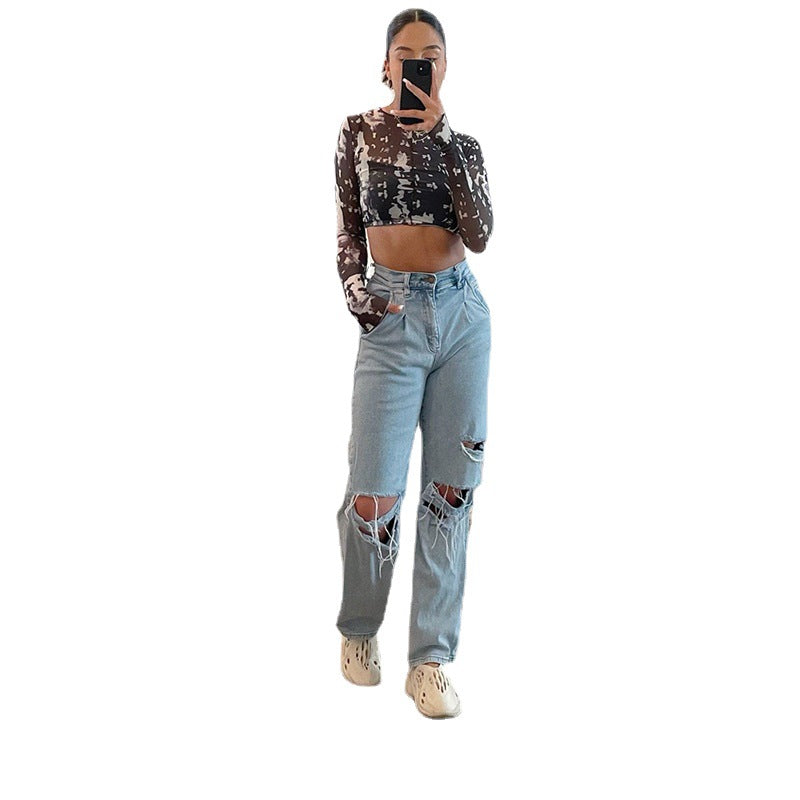 Dame Ripped Wide-Leg Jeans i en afslappet vintage-stil med frynset detaljer og høj talje Stilla
