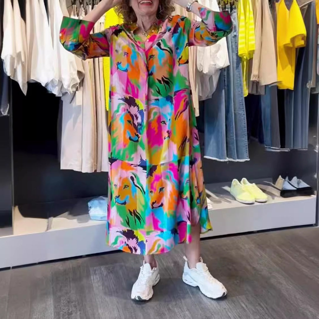 Dame Fritid Maxikjole med farverigt løve-design og praktiske lommer Stilla