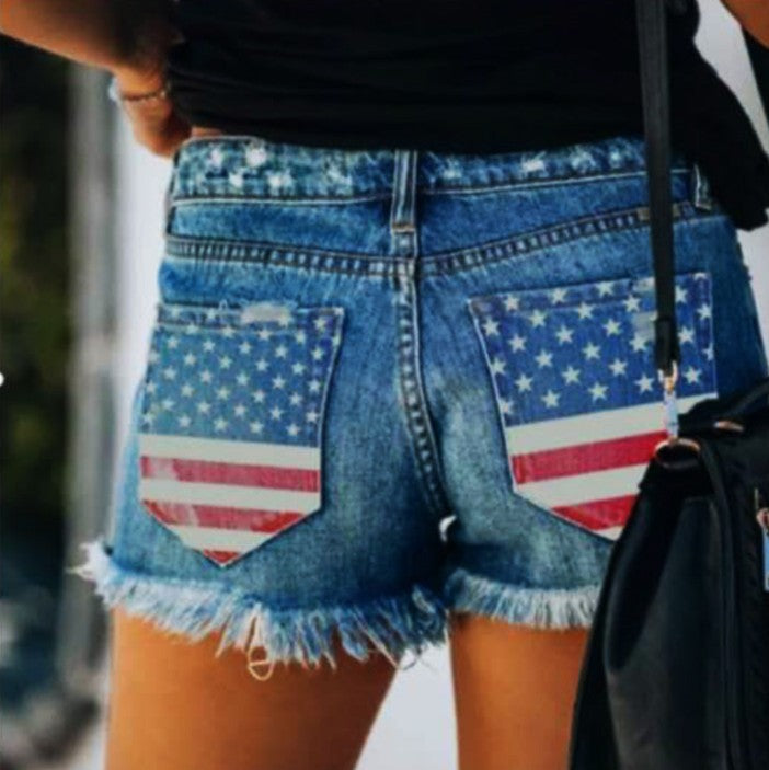 Dame Denim-Shorts i cool Used-Look med patriotiske accenter Stilla