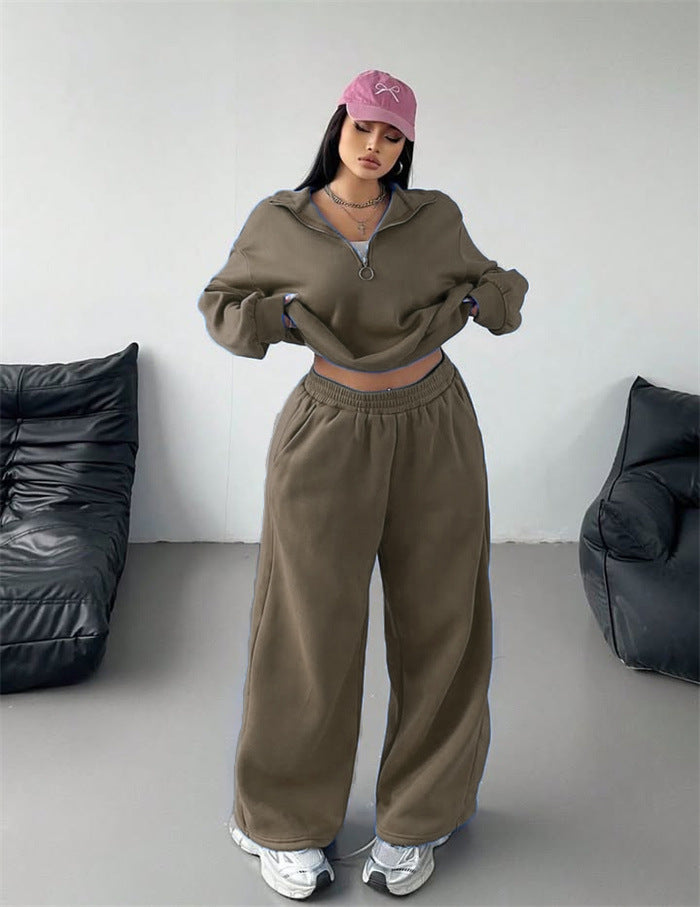 Dame sporty fleece loungewear sæt med høj krave og løs pasform Skovae