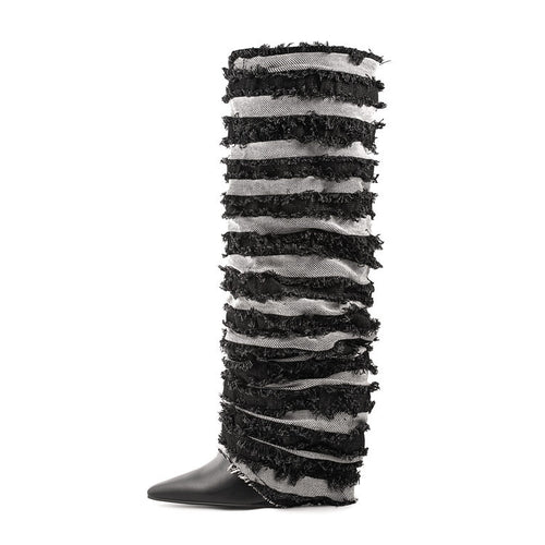 Dame High-Gloss Over-the-Knee Slipstøvler med Rüschendetails Stilla